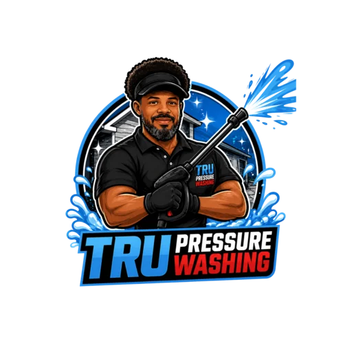 TRU Pressure Washing mascot holding a pressure washing wand